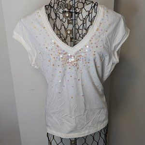 Sequin Embroidered Top - Indigo Palms XL